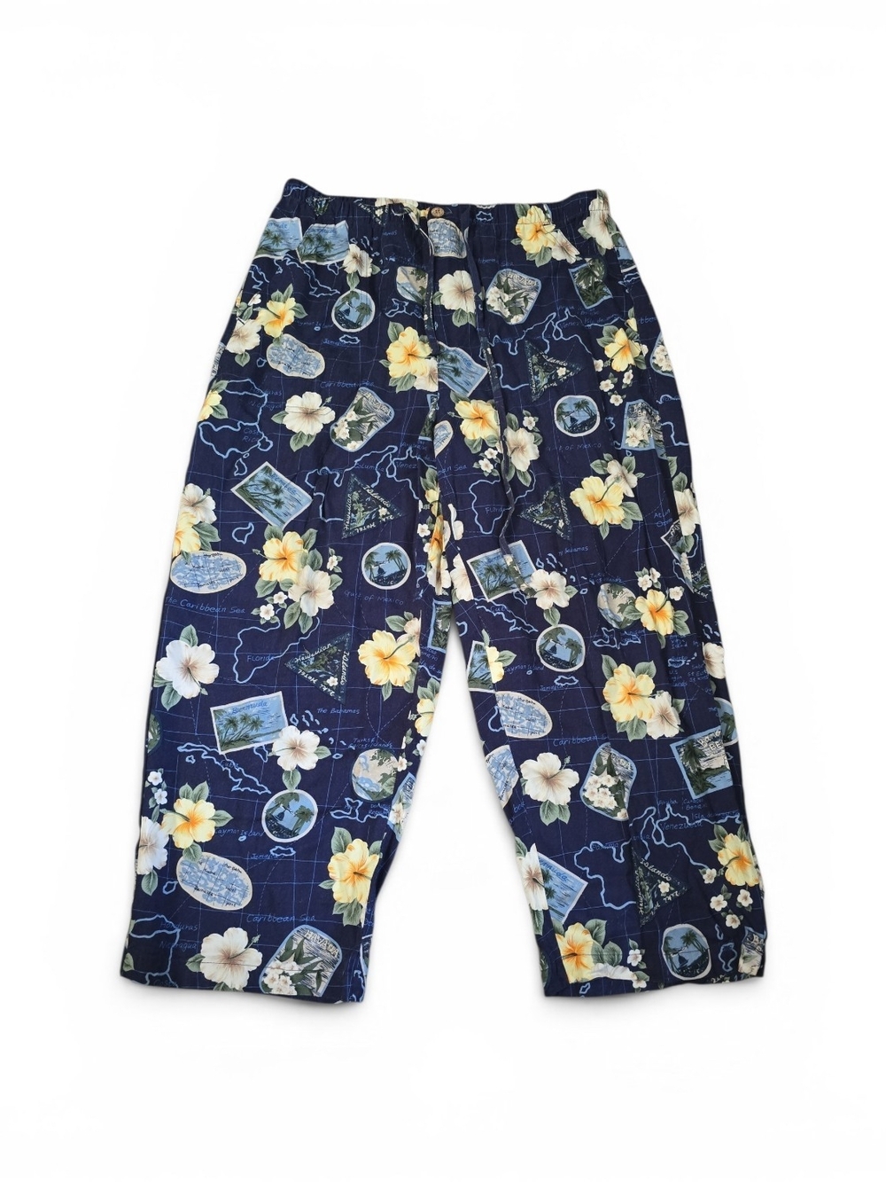 Ms Lee Navy Floral Ankle-Length Cropped Pants